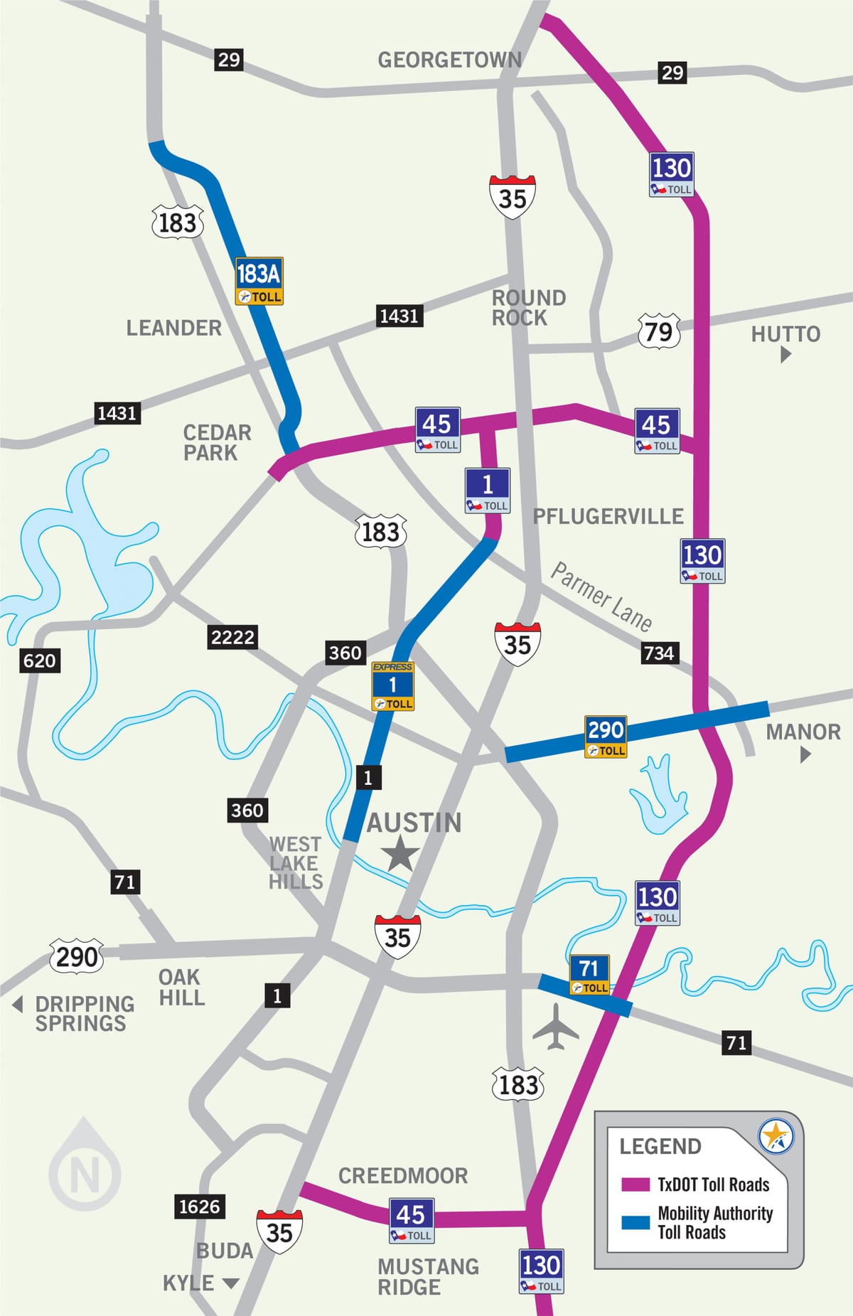 mapa de Austin estrada com pedágio