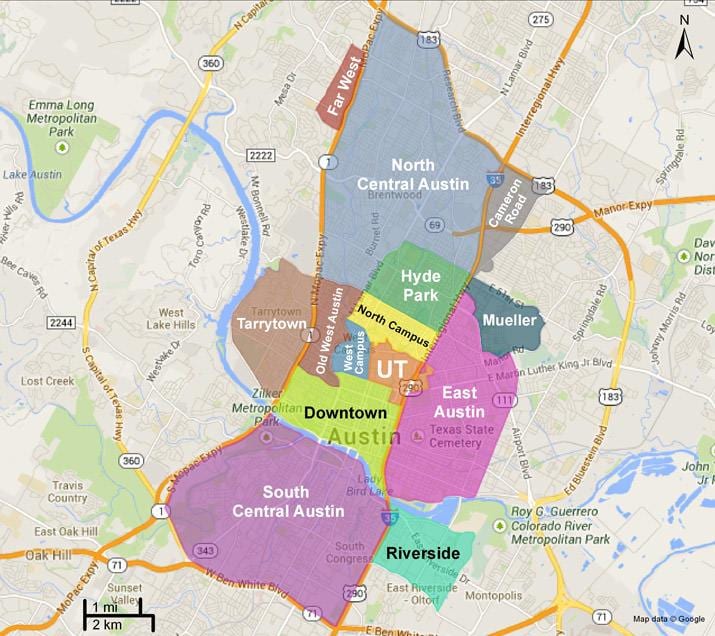 mapa de Austin subúrbios