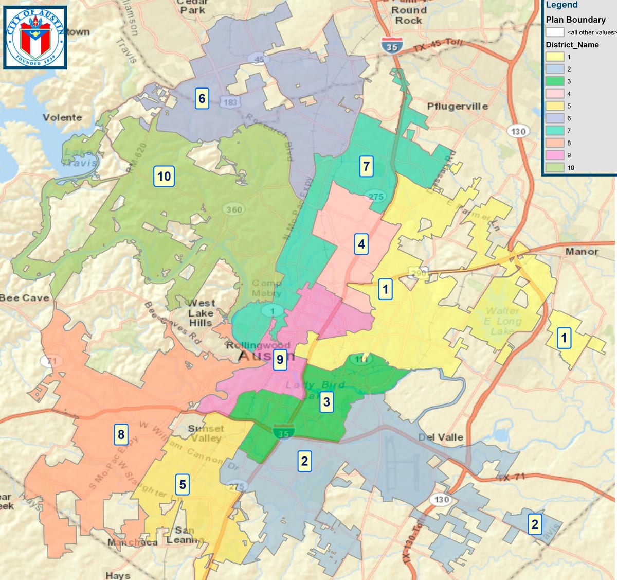 mapa da cidade de Austin conselho distrital
